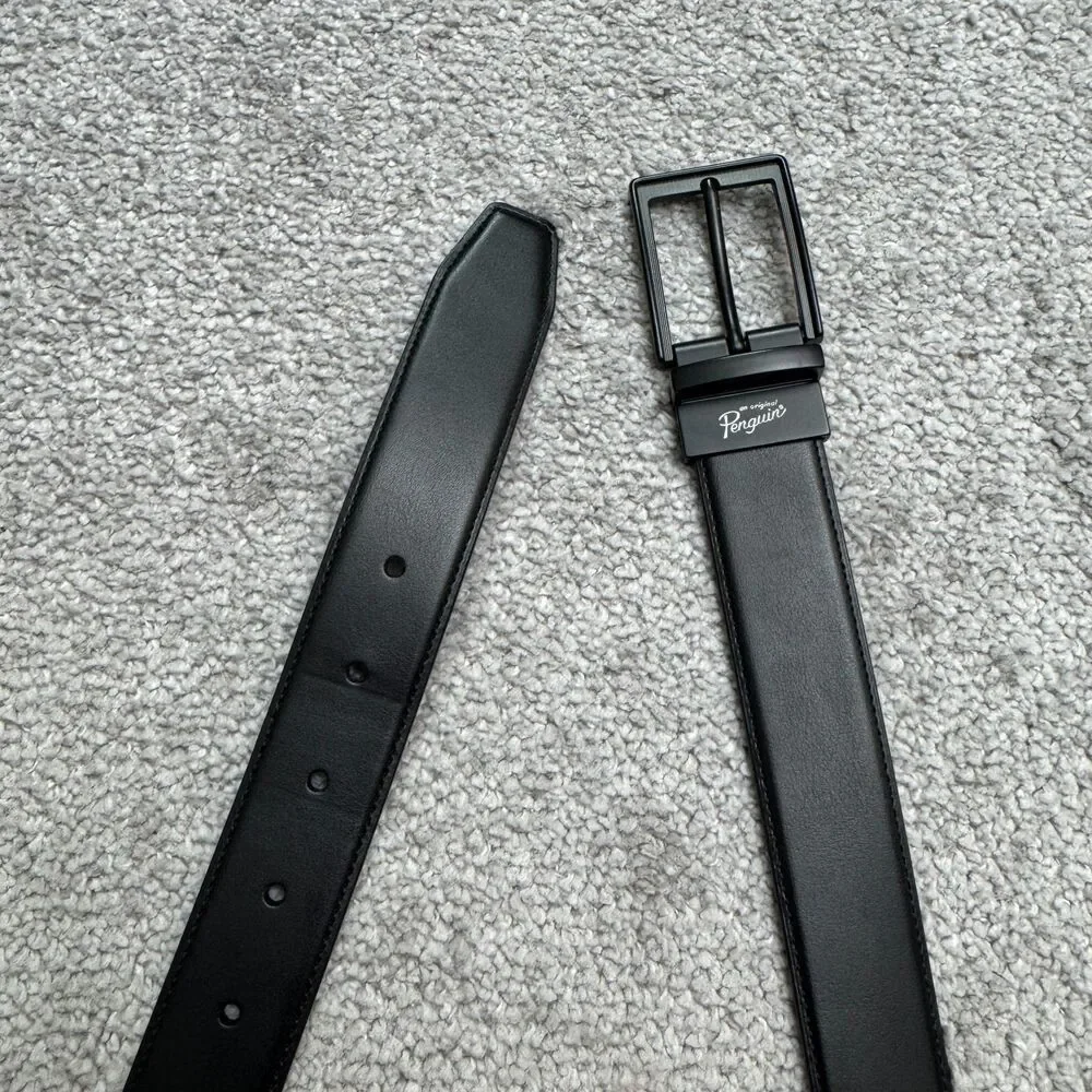 Penguin Bonded Leather Reversible Buckle Belt Mens 42/105 Black Matte Work NWOT